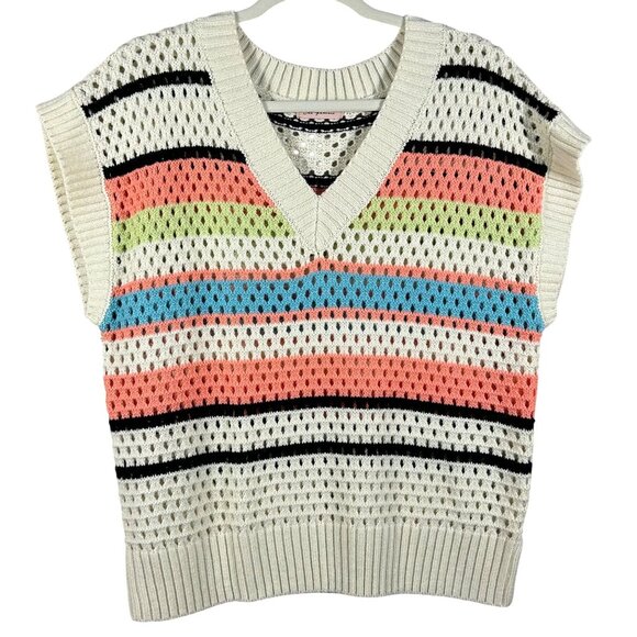 Ces Femme Sweaters - Vintage-Style Ces Femme Open-Knit Striped Sweater Vest V-Neck Medium Multicolor